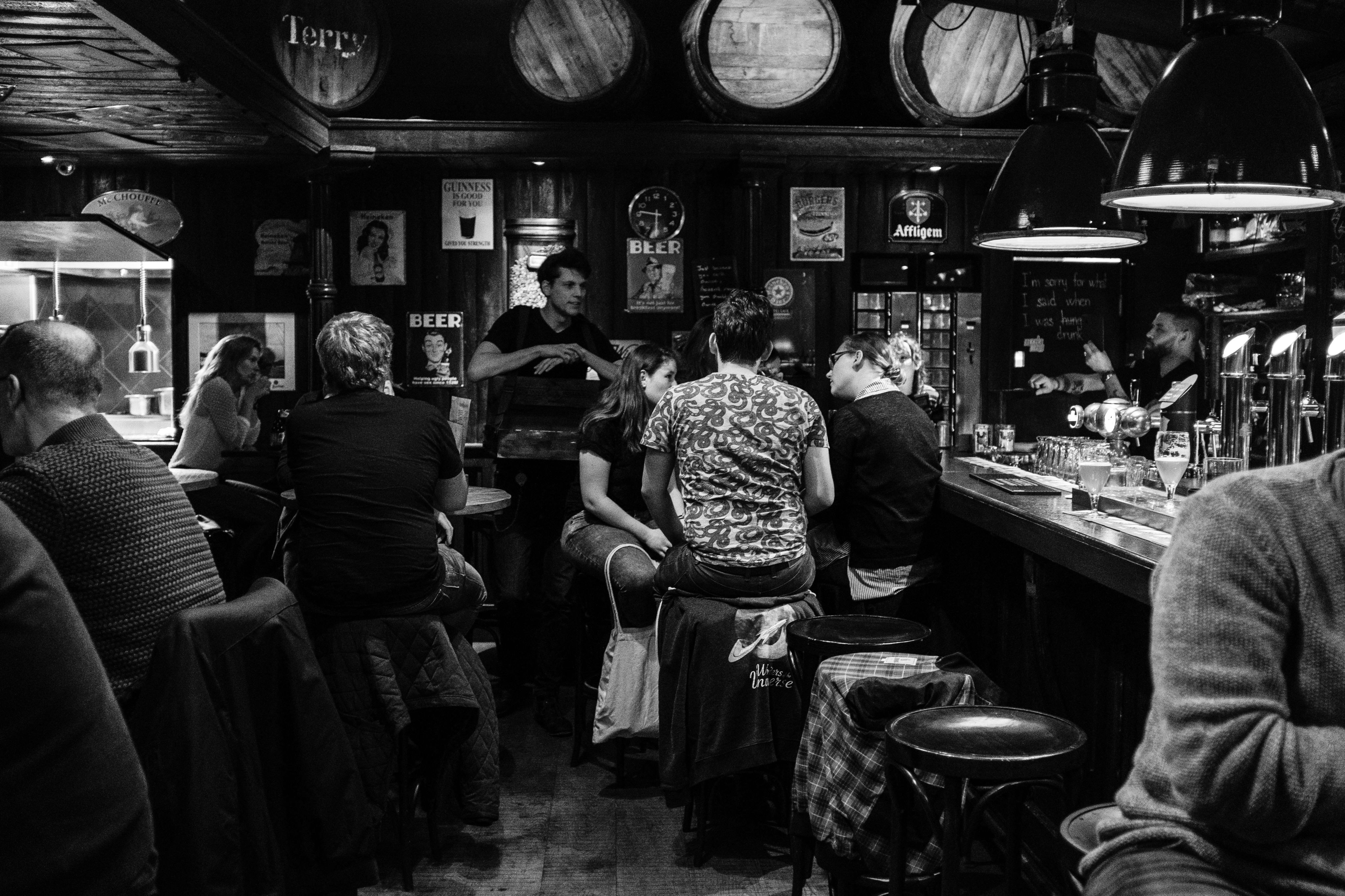 Pub scene - black and white.